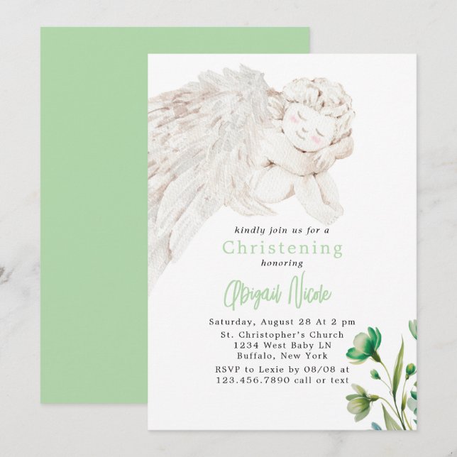 Angel with Wings Green Floral Baptism  Invitation (Front/Back)