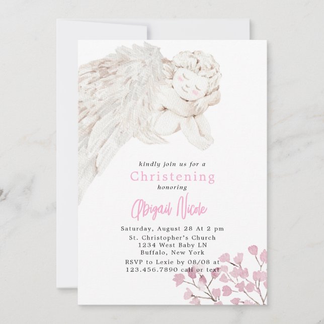Angel with Wings Pink Floral Baptism  Invitation (Front)