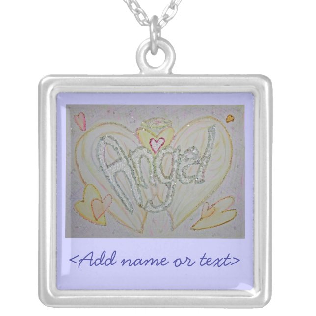 Angel Word Art Painting Silver Necklace Charm (Front)