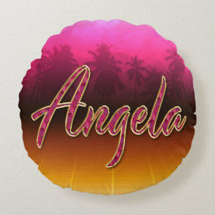 Angela First Name Golden pink cushy Round Pillow
