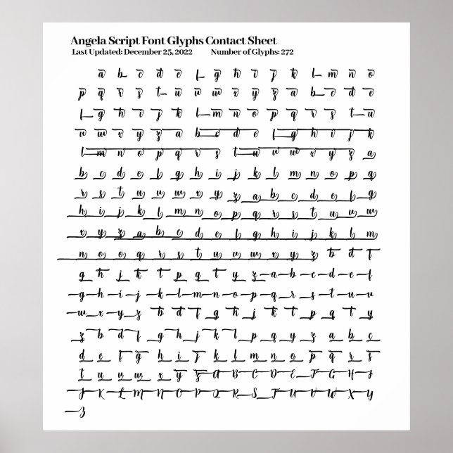 Angela Script Font Glyphs Contact Sheet Poster (Front)