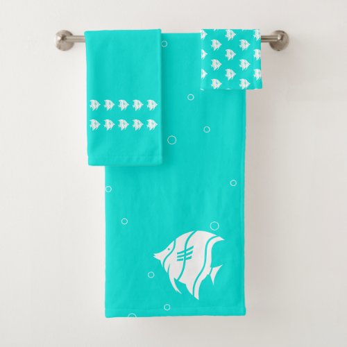 Angelfish  Aqua Teal Blue  white coastal decor Bath Towel Set