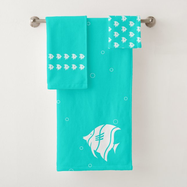 Angelfish  Aqua Teal Blue & white coastal decor Bath Towel Set (Insitu)