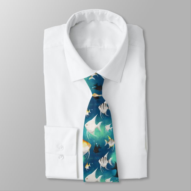 Angelfish Aquarium Pattern Neck Tie (Tied)