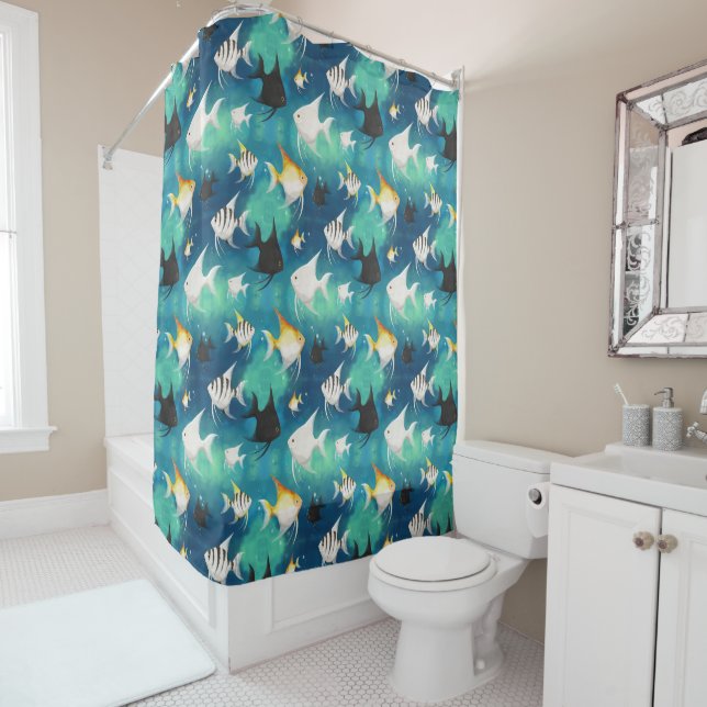 Angelfish Aquarium Pattern Shower Curtain (In Situ)