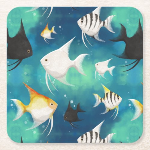 Angelfish Aquarium Pattern Square Paper Coaster