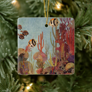 Angelfish in Coral, Vintage Tropical Fish in Ocean Ceramic Ornament