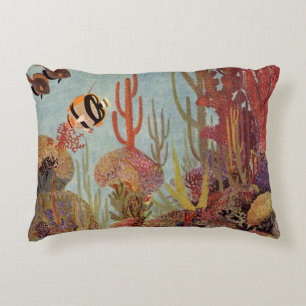 Angelfish in Coral, Vintage Tropical Fish in Ocean Decorative Pillow