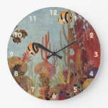 Angelfish in Coral, Vintage Tropical Fish in Ocean Large Clock