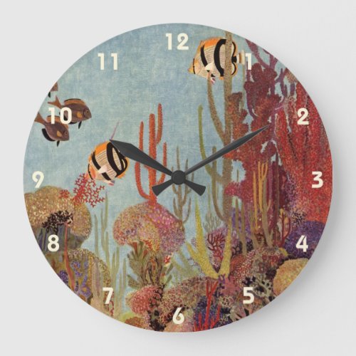 Angelfish in Coral Vintage Tropical Fish in Ocean Large Clock