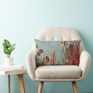 Angelfish in Coral, Vintage Tropical Fish in Ocean Lumbar Pillow