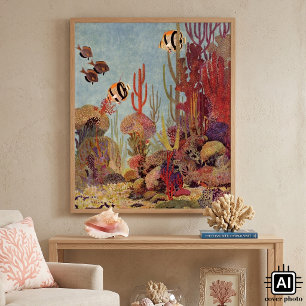Angelfish in Coral, Vintage Tropical Fish in Ocean Poster