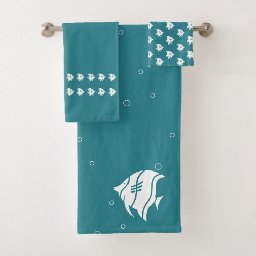 Angelfish  Ocean Teal Blue  white coastal decor Bath Towel Set