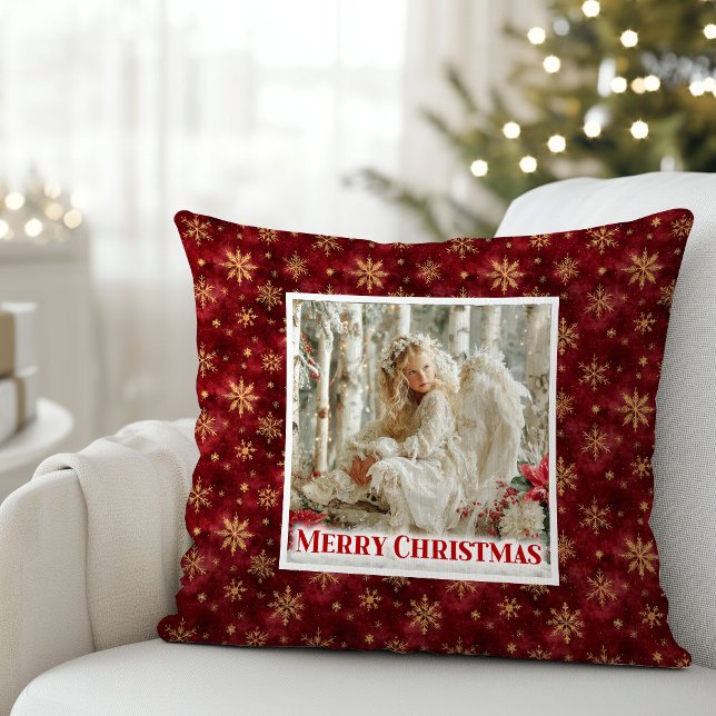 Angelic Angel Poinsettia Red Gold Festive Christma Throw Pillow (Angelic Angel Poinsettia Red Gold Festive Christmas Pillow)