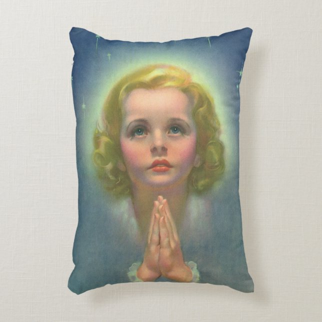 Angelic Blond Girl with Halo and Stars Praying Accent Pillow (Front(Vertical))