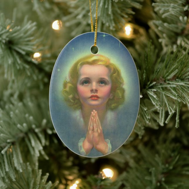 Angelic Blond Girl with Halo and Stars Praying Ceramic Ornament (Tree)