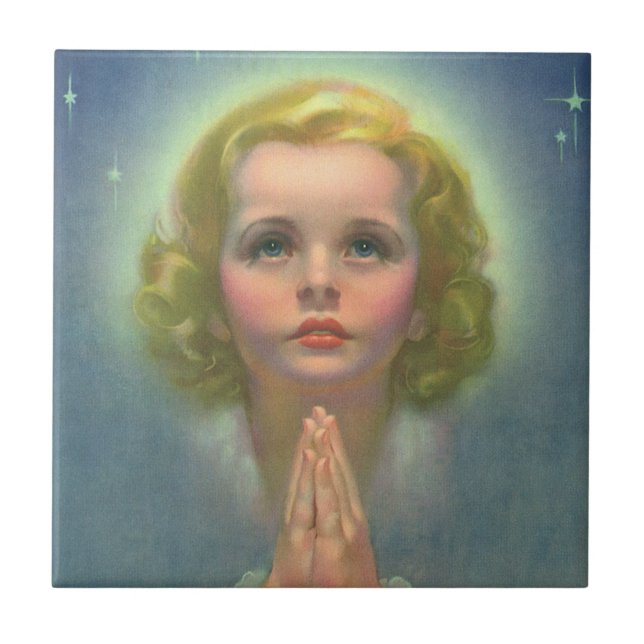 Angelic Blond Girl with Halo and Stars Praying Ceramic Tile (Front)