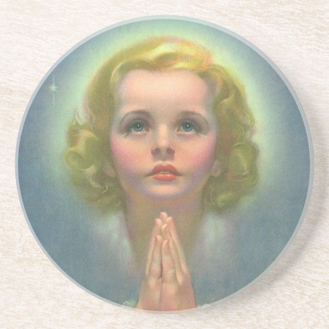 Angelic Blond Girl with Halo and Stars Praying Coaster (Front)