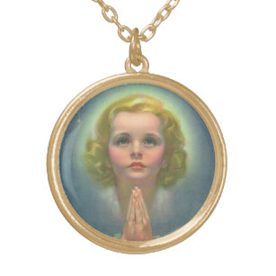 Angelic Blond Girl with Halo and Stars Praying Gold Plated Necklace
