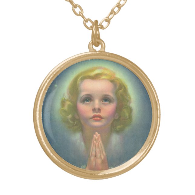 Angelic Blond Girl with Halo and Stars Praying Gold Plated Necklace (Front)