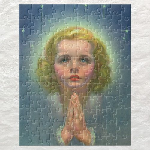 Angelic Blond Girl with Halo and Stars Praying Jigsaw Puzzle