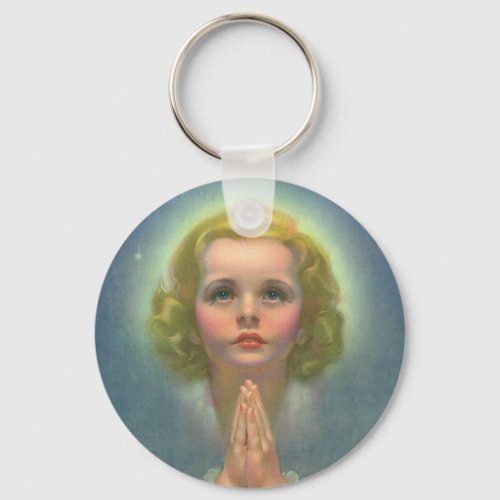 Angelic Blond Girl with Halo and Stars Praying Keychain