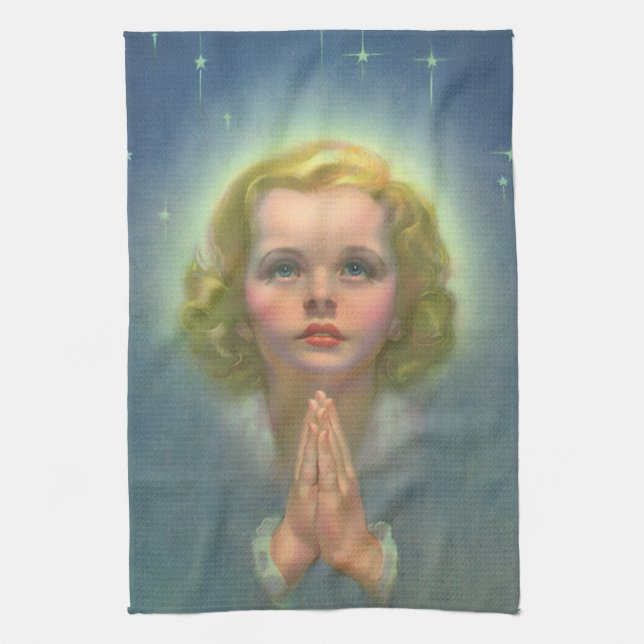 Angelic Blond Girl with Halo and Stars Praying Kitchen Towel (Vertical)