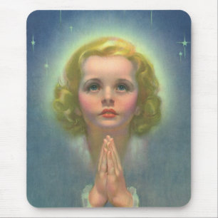 Angelic Blond Girl with Halo and Stars Praying Mouse Pad