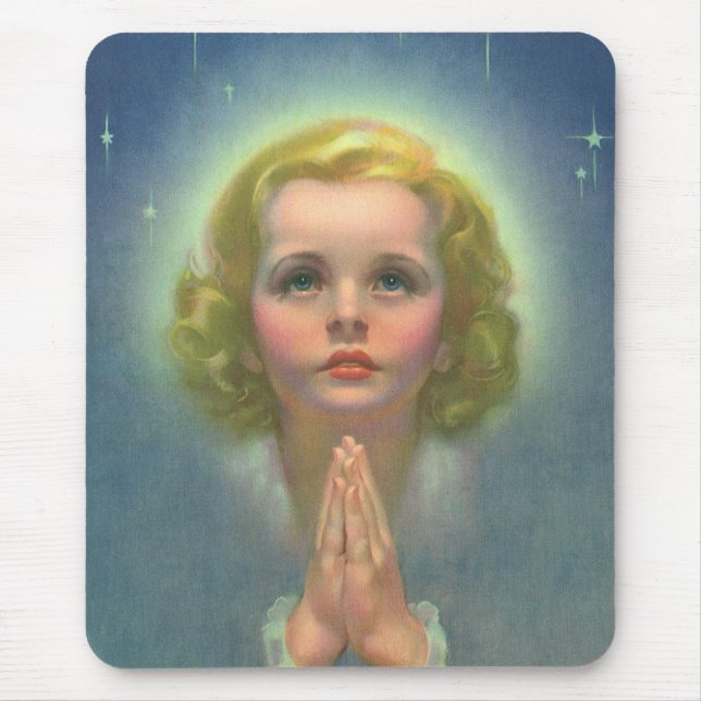 Angelic Blond Girl with Halo and Stars Praying Mouse Pad (Front)