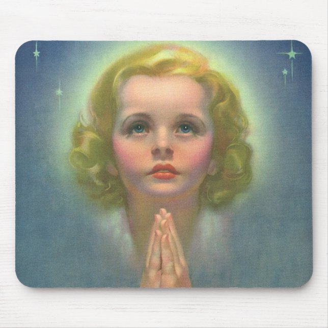 Angelic Blond Girl with Halo and Stars Praying Mouse Pad (Front)