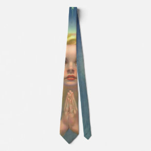 Angelic Blond Girl with Halo and Stars Praying Neck Tie