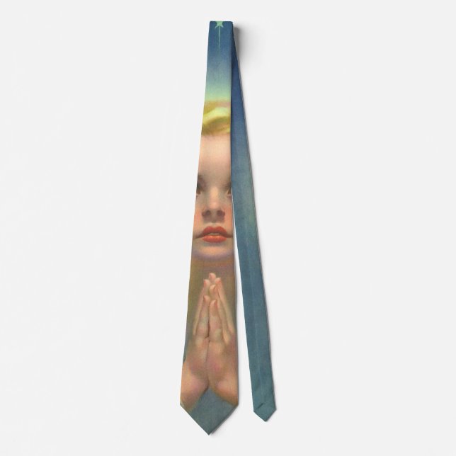 Angelic Blond Girl with Halo and Stars Praying Neck Tie (Front)