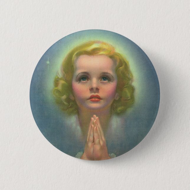 Angelic Blond Girl with Halo and Stars Praying Pinback Button (Front)