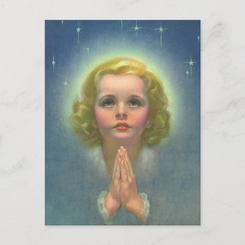 Angelic Blond Girl with Halo and Stars Praying Postcard