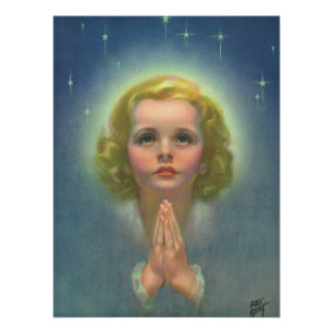 Angelic Blond Girl with Halo and Stars Praying Poster
