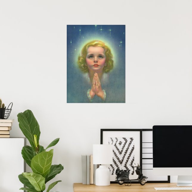 Angelic Blond Girl with Halo and Stars Praying Poster (Home Office)