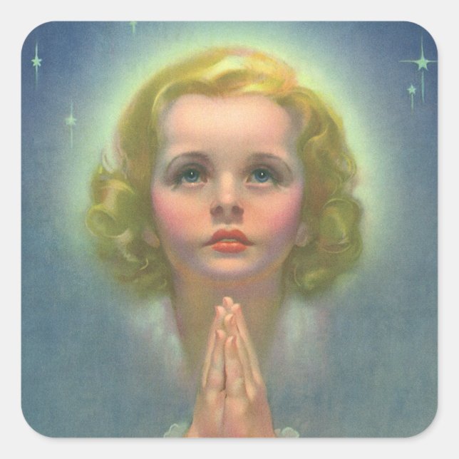 Angelic Blond Girl with Halo and Stars Praying Square Sticker (Front)