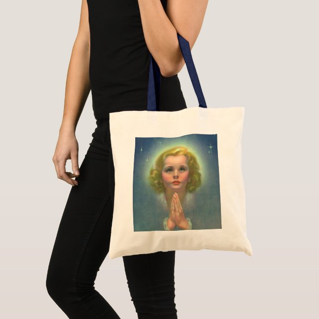 Angelic Blond Girl with Halo and Stars Praying Tote Bag (Front (Product))