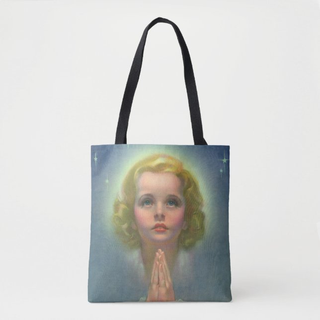 Angelic Blond Girl with Halo and Stars Praying Tote Bag (Front)