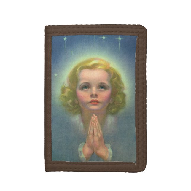 Angelic Blond Girl with Halo and Stars Praying Tri-fold Wallet (Front Vertical)