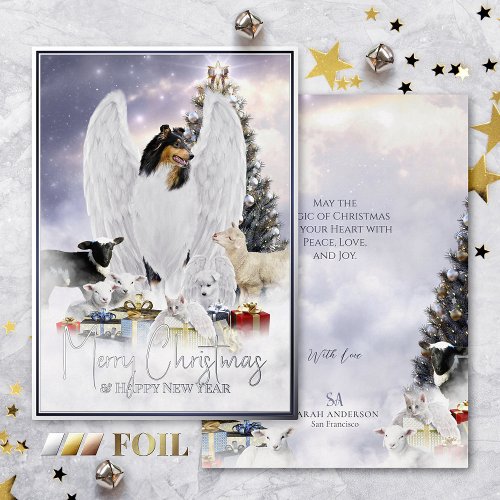 Angelic Christmas Eve Tricolor Collie Angel _ Foil Holiday Card