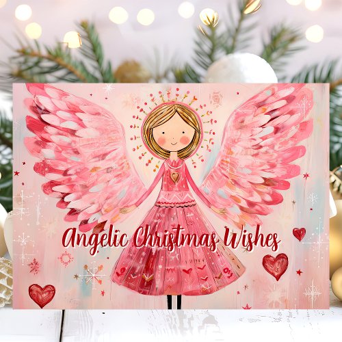 Angelic Christmas Wishes Pink Angel Holiday Card