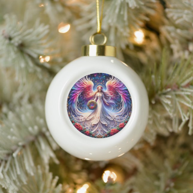 Angelic Design with Vibrant Wings and Patterns Ceramic Ball Christmas Ornament (Tree)