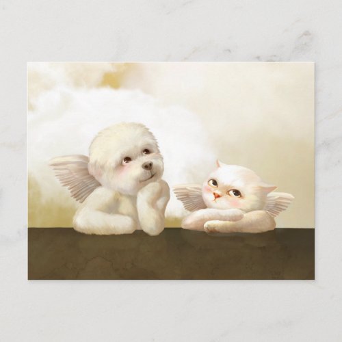 Angelic Dog and Cat on Cloud Announcement Postcard