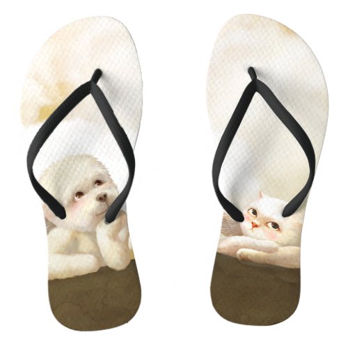 Angelic Dog and Cat on Cloud Flip Flops