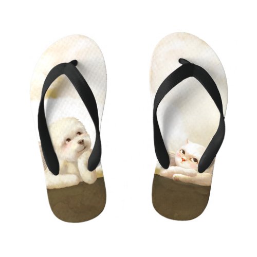 Angelic Dog and Cat on Cloud Kids Flip Flops