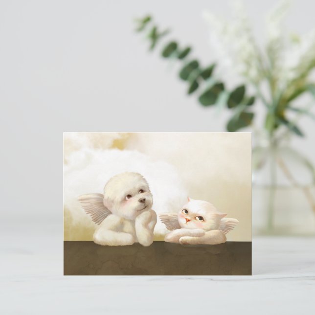 Angelic Duo: Smiling Bichon & Bao Bao Cloud Announcement Postcard (Standing Front)