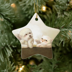 Angelic Duo: Smiling Bichon & Bao Bao Cloud Ceramic Ornament