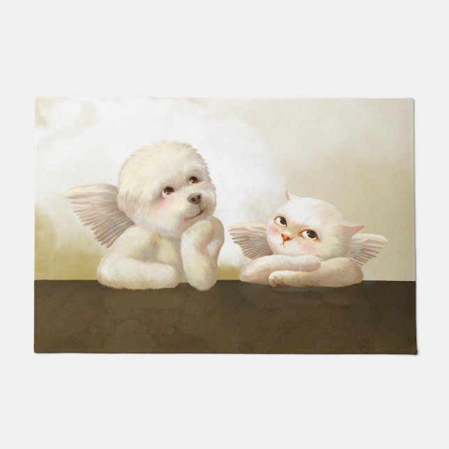 Angelic Duo: Smiling Bichon & Bao Bao Cloud Doormat (Front)