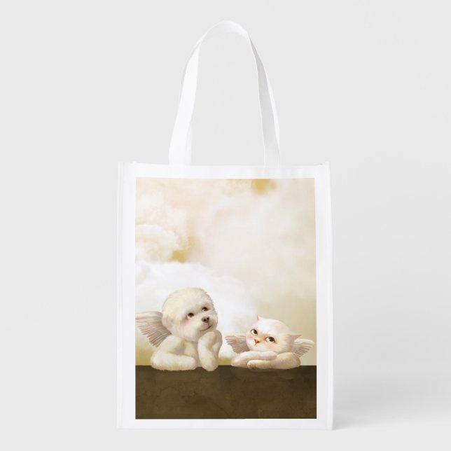 Angelic Duo: Smiling Bichon & Bao Bao Cloud Grocery Bag (Front)